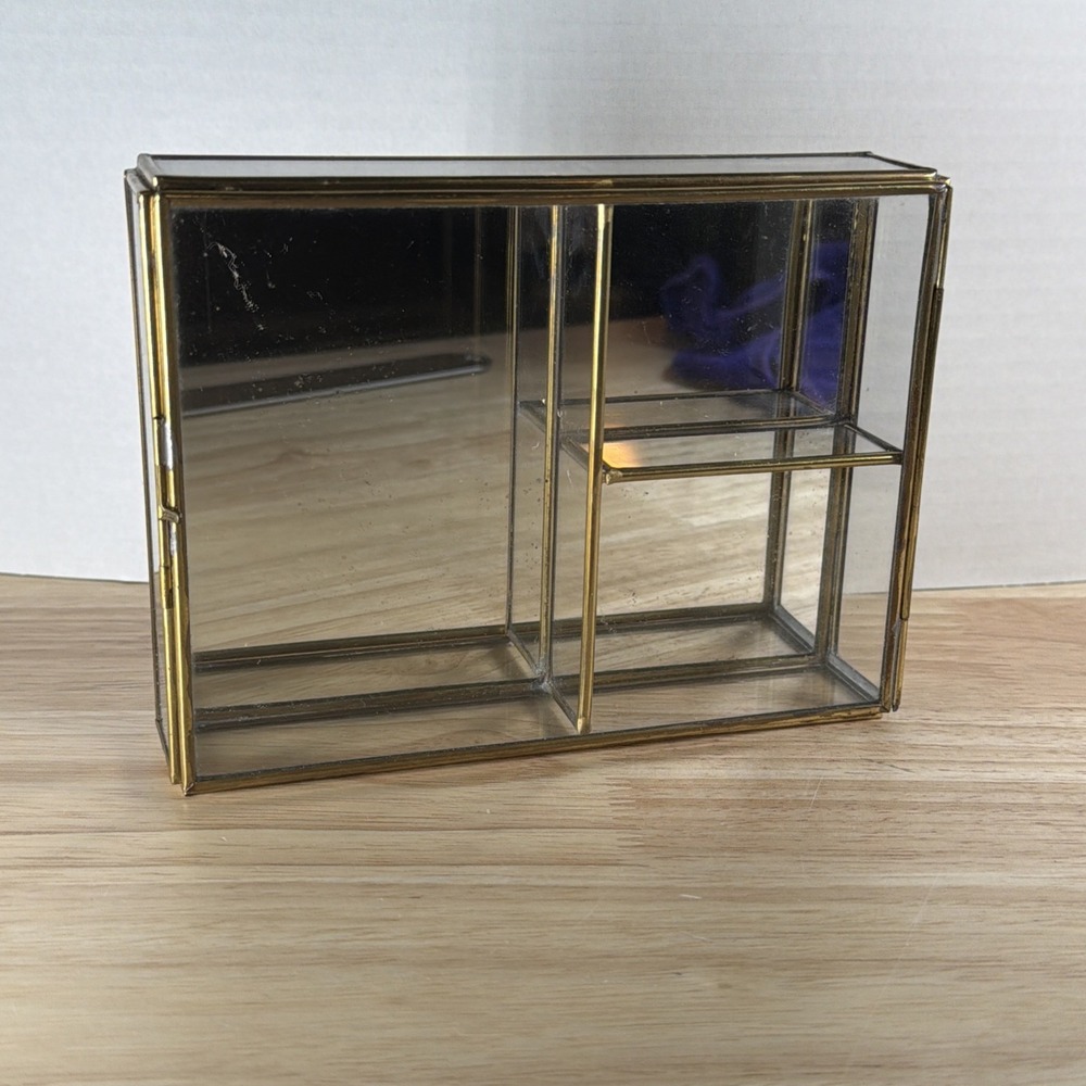 Vintage Mirrored Glass Brass Curio Cabinet Display Multi Shelf Case Shelf 6.5x5"